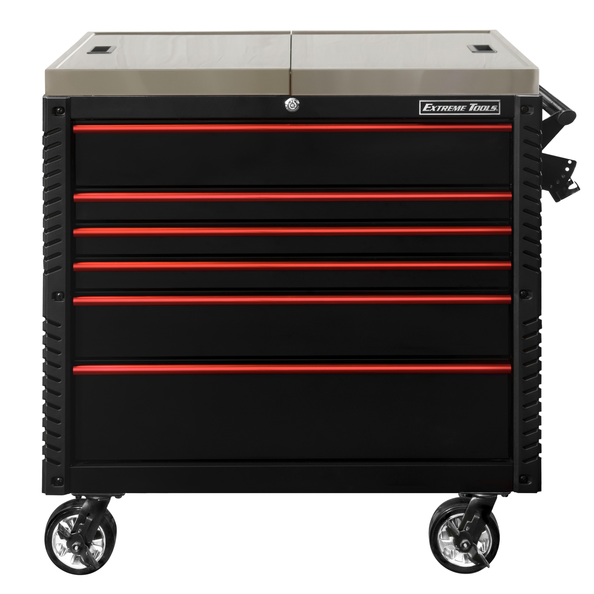 Extreme Tools EX Sliding Top Tool Cart - 41in. x 25.75in., 6 Drawers, Stainless Steel, Black, Model# EX4106TCSBKRD